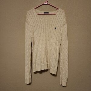 Polo Ralph Lauren White/Navy Blue Women’s XL Cable Knit Cotton Crewneck Sweater